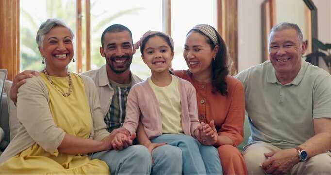 Face, grandparents and mother with father, girl and home with happiness, relax and weekend break. Portrait, big family and mama with dad, generations and kid with joy, peace and calm in a living room