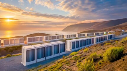 Fototapeta premium Battery storage containers by the coastline at sunset, showcasing a renewable energy storage facility with scenic views.