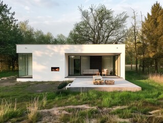 Peaceful countryside retreat small white house surrounded by grassy field and trees in background