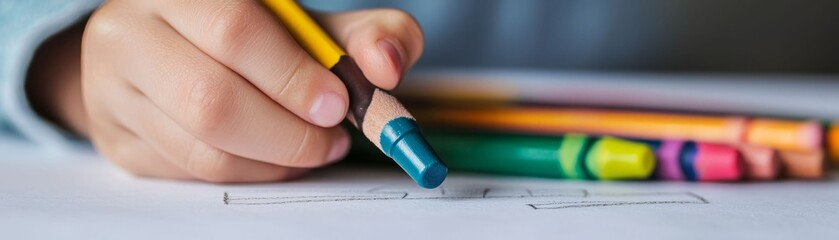 A child holds a crayon, beautifully illustrating creativity and playfulness with vibrant colors on paper.