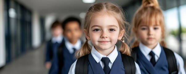 A group of school children in uniform walking down a hallway, showcasing friendship, learning, and youthful curiosity.