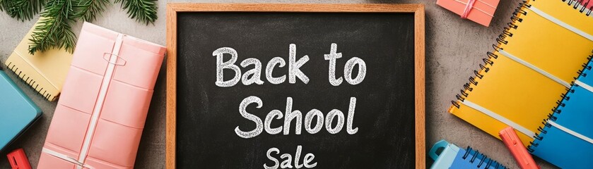 Colorful stationery items and a chalkboard promoting a back-to-school sale, perfect for educational and shopping themes.