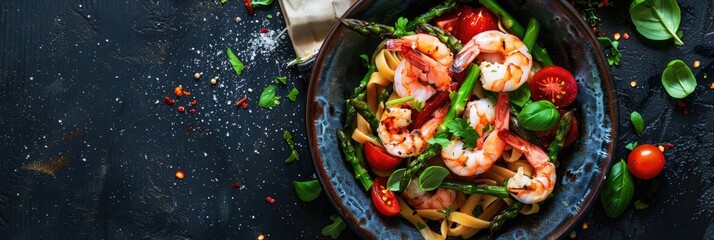 Fototapeta premium Savory Italian Pasta with Fresh Tomatoes, Basil, Grilled Asparagus, and Shrimp