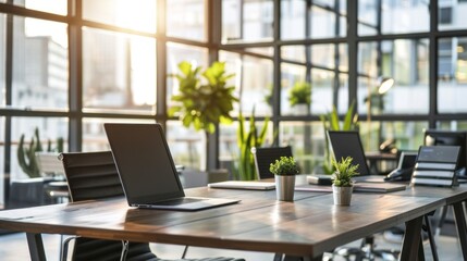 Modern Office Workspace with Laptop and Plants
