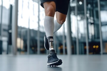 Man amputee with prosthetic robotic bionic leg. Modern technology, prosthesis medicine. Summer Paralympic Games. International Day of Persons with Disabilities