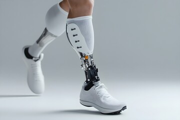 Man amputee with prosthetic robotic bionic leg. Modern technology, prosthesis medicine. Summer Paralympic Games. International Day of Persons with Disabilities