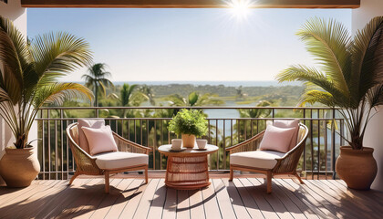 Fototapeta premium Sunny balcony view with chairs overlooking a lush landscape