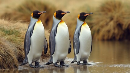 Fototapeta premium Three King Penguins Standing By a Water Source