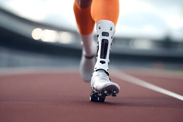 Athlete with prosthetic leg running sprint race at athletics competition. Handicapped sportsman with modern artificial leg. Freedom and power concept. Summer Paralympic Games
