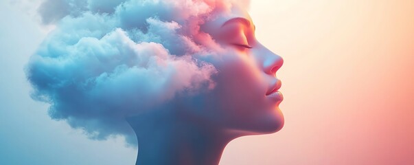 Obraz premium Surreal image of a woman's profile blending into clouds, evoking concepts of dreams, imagination, and tranquility against a pastel gradient background.