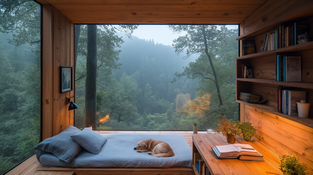 nterior of a mountain hut, a cozy small bed next to a wooden table with books, coffee, lamp and flowers, a dog sleeping quietly, theis a darkening sky and forest.