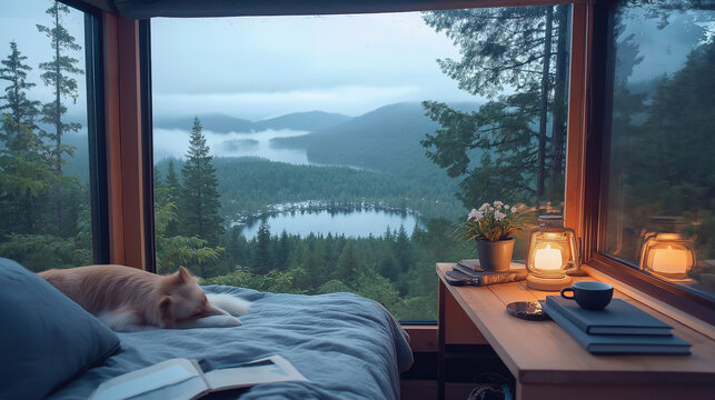 nterior of a mountain hut, a cozy small bed next to a wooden table with books, coffee, lamp and flowers, a dog sleeping quietly, theis a darkening sky and forest.