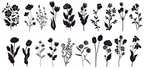 Obraz premium Silhouette collection of various flowers in black on a white background.