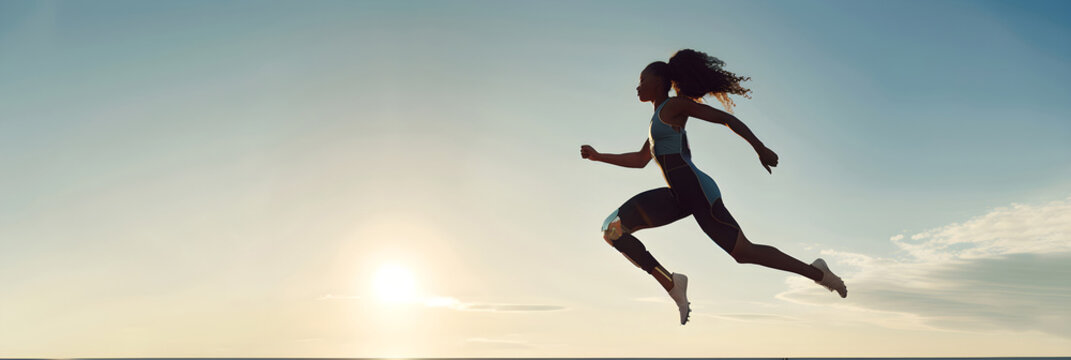 Disabled athlete african american woman in sportswear with prosthetic leg running on stadium in sunrise. Handicapped sportsman with artificial leg. Freedom and power concept. Summer Paralympic Games