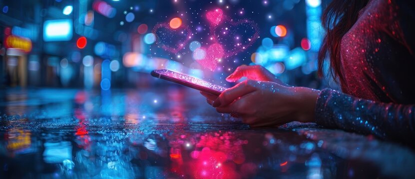 Woman Using Phone in a City at Night