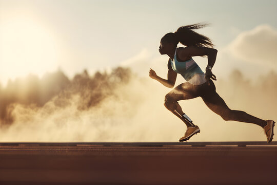 Disabled athlete african american woman in sportswear with prosthetic leg running on stadium in sunrise. Handicapped sportsman with artificial leg. Freedom and power concept. Summer Paralympic Games