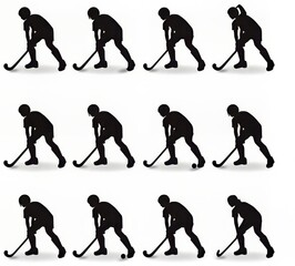 Naklejka premium Dynamic silhouettes of hockey players in action, showcasing various movements and skills.