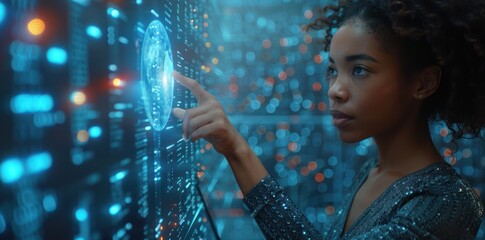 Woman Interacting with Holographic Earth on Digital Screen