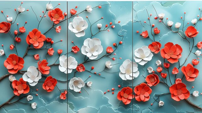 Generate a visual of a triptych floral wall art set with three panels of 3D red and white flowers, set against a vibrant blue background
