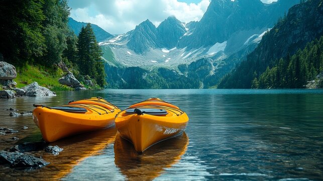 Yellow kayaks by a mountain lake under a cloudy sky, inviting you to explore the wonders of nature