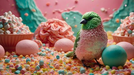 In a whimsical and vibrant illustration, a candy-inspired landscape unfolds before your eyes. The sky is painted in shades of pink, casting a sweet hue over the scene. Among a sea of green, orange, 