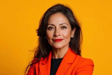 Obraz premium Hispanic Adult Businesswoman Portrait, Yellow Background, Vibrant And Determined