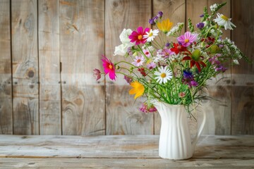 Delicate bouquet of wild flowers in a jug on a wooden wall background.