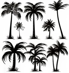 Various silhouettes of palm trees against a white background.