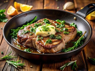 Fototapeta premium Savory Florentine beef steak sizzles in a hot frying pan with melted butter, serving up a mouthwatering and indulgent dinner experience.