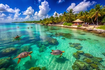 Turquoise Caribbean waters sparkle in Akumal Bay, a popular spot for snorkeling and swimming with sea turtles in designated protected areas of Mexico.