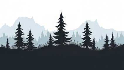 Silhouetted coniferous trees against a misty mountain backdrop.