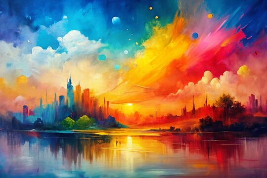 Vibrant abstract art poster template featuring a hand-drawn, dry-brush painted background with an oil painting style, perfect for web or graphic design projects.