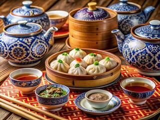 Fototapeta premium Vibrant Chinese table setting with ornate porcelain, steaming dumplings, and delicate tea cups, showcasing traditional cultural heritage and exotic culinary delights.