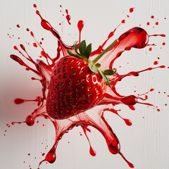A luscious red strawberry exploding with bright red watery splashes