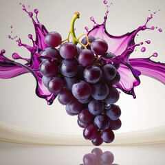 A juicy purple grape cluster with transparent purple splashes flowing outward