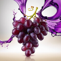A juicy purple grape cluster with transparent purple splashes flowing outward