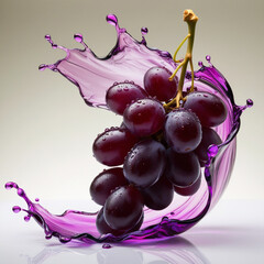A juicy purple grape cluster with transparent purple splashes flowing outward