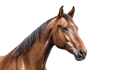 A portrait of a brown horse isolated on a white background