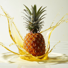 A fresh, golden pineapple surrounded by swirling yellow fluid splashes