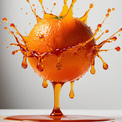 A vibrant orange bursting with juicy fluid splashes around 