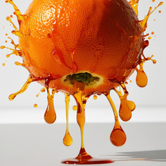 A vibrant orange bursting with juicy fluid splashes around 
