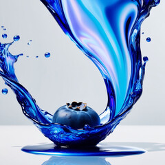 A rich blue blueberry releasing glossy, blue fluid in swirling patterns around