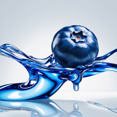 A rich blue blueberry releasing glossy, blue fluid in swirling patterns around