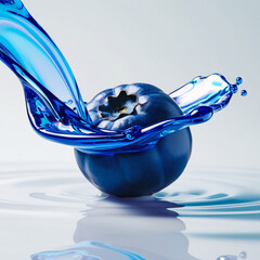 A rich blue blueberry releasing glossy, blue fluid in swirling patterns around