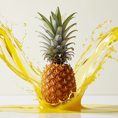 A fresh, golden pineapple surrounded by swirling yellow fluid splashes