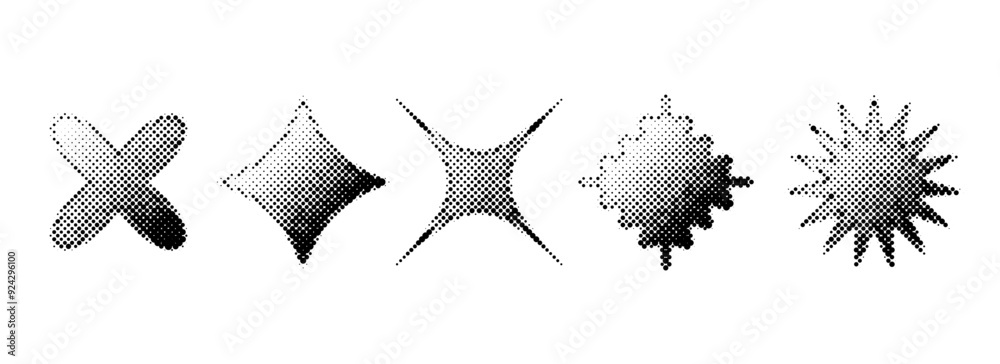 Poster Halftone grain gradient star set. Dotted grunge geometric shape collection. Y2K bitmap element bundle. Pixel comic burst and sparkle elements for graphic design, poster, banner, flyer. Vector pack