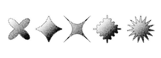 Halftone grain gradient star set. Dotted grunge geometric shape collection. Y2K bitmap element bundle. Pixel comic burst and sparkle elements for graphic design, poster, banner, flyer. Vector pack