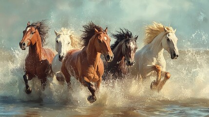 Horses run gallop in the water. Digital painting of horses