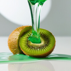 A ripe green kiwi with splashes of watery green fluid