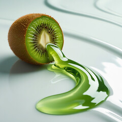 A ripe green kiwi with splashes of watery green fluid